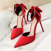 Sweet Lady Thin Heel 10cm High Heel Shallow Mouth Pointed Sandal with Bow Tie