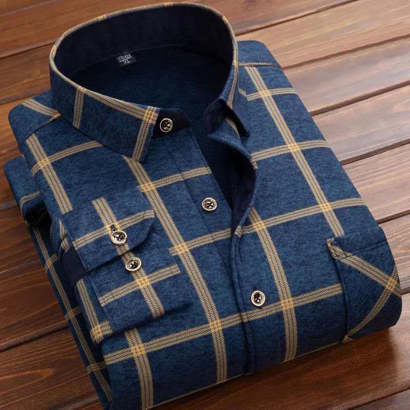 Men's Winter Warm Long Sleeve Plaid Shirts Flannel Fur Lined Thick Formal Shirts Fleece Casual Shirt for Men Dress Shirts