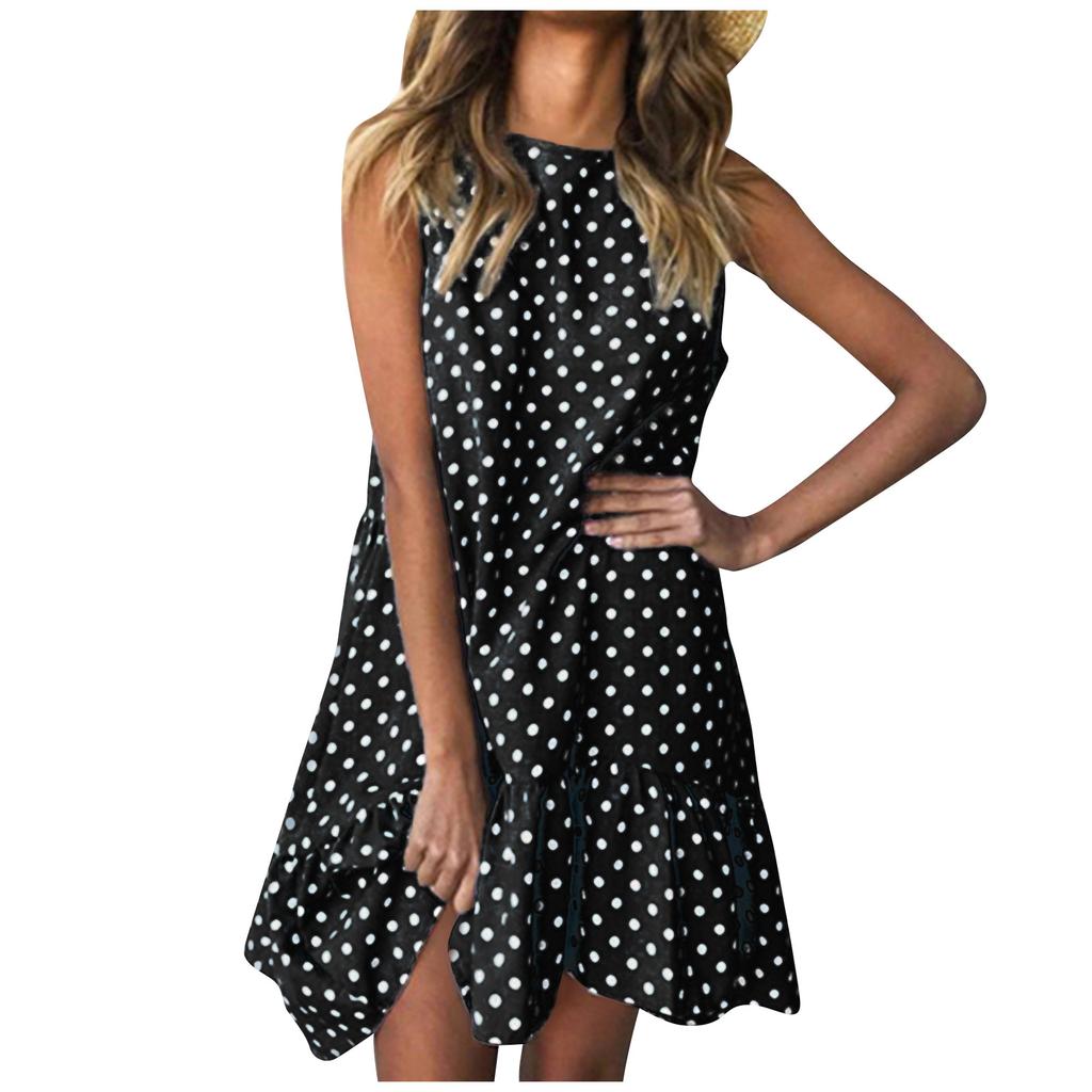 Fashion Women  Sleeveless Polka Dot Loose Casual Ruffle Dress