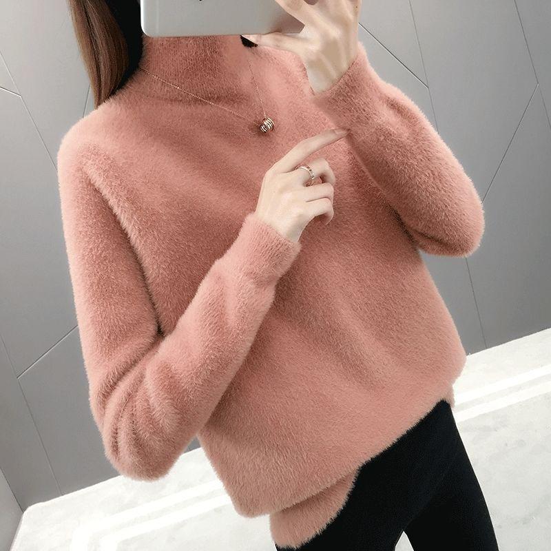 Half Turtleneck Solid Color Long Sleeve Pullover Sweater Mink Cashmere Sweater Thicken