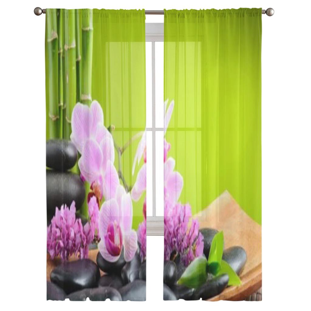 Spa Concept With Zen Stones And Orchid Chiffon Sheer Curtains for Living Room Bedroom Decoration Window Voiles Tulle Curtain