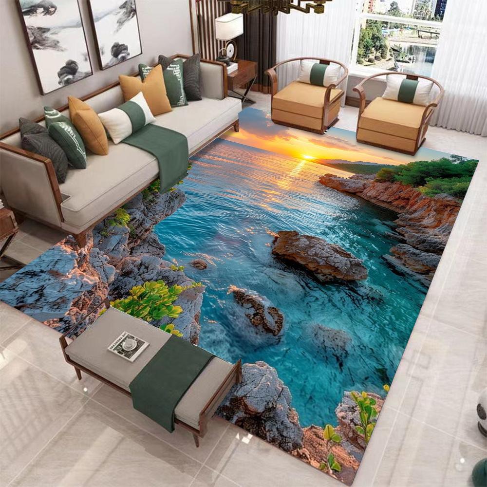 3D Реалистичный Санторини и Снежная гора Природный пейзаж Ковер Мат Коврик - Современная гостиная Домашний декор Ковер для спальни