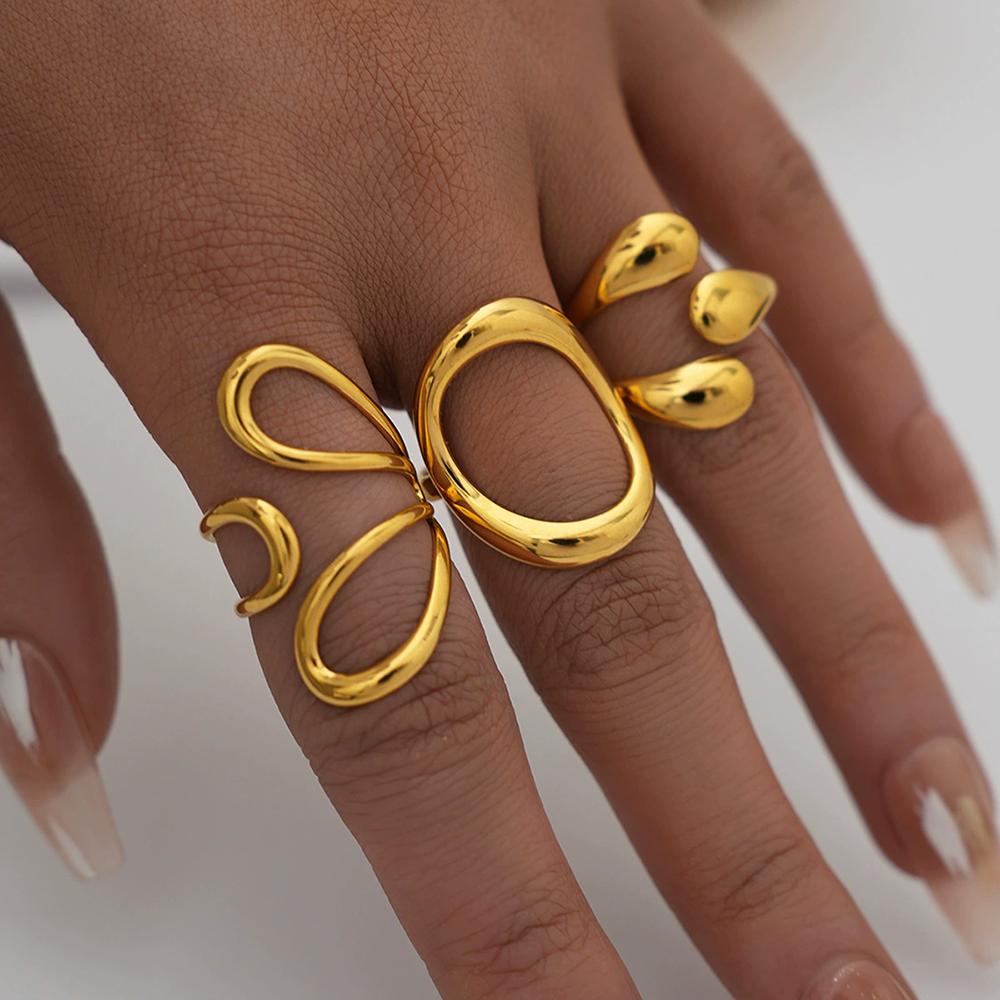 Stainless Steel Geometric Line Hollowed-Out Opening Ring Simple And Fashionable Design Sense Trendy Jewelry Accessory For Women