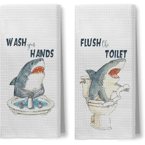Funny Shark Bathroom Hand Towels, Shark Kids Bathroom Decor, Coastal Beach Ocean Hand Towels for Kids Bath Room Washroom Toilet, 16x24 Inch Set of 2