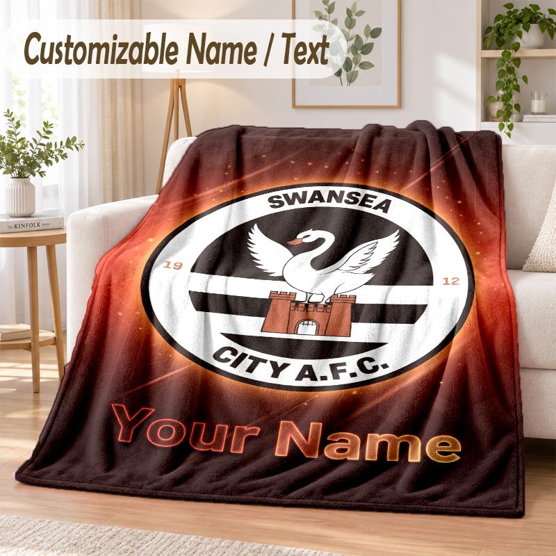 Custom Text Flannel Blanket Swansea City FC Print Warm Cozy Blanket Home Sofa Bedding