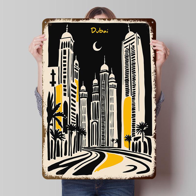 Dubai Skyline At Night Tinplate Poster Custom Wall Art Vintage Metal Signs Retro Tin Plaque for Room Ornaments Home Decor Items
