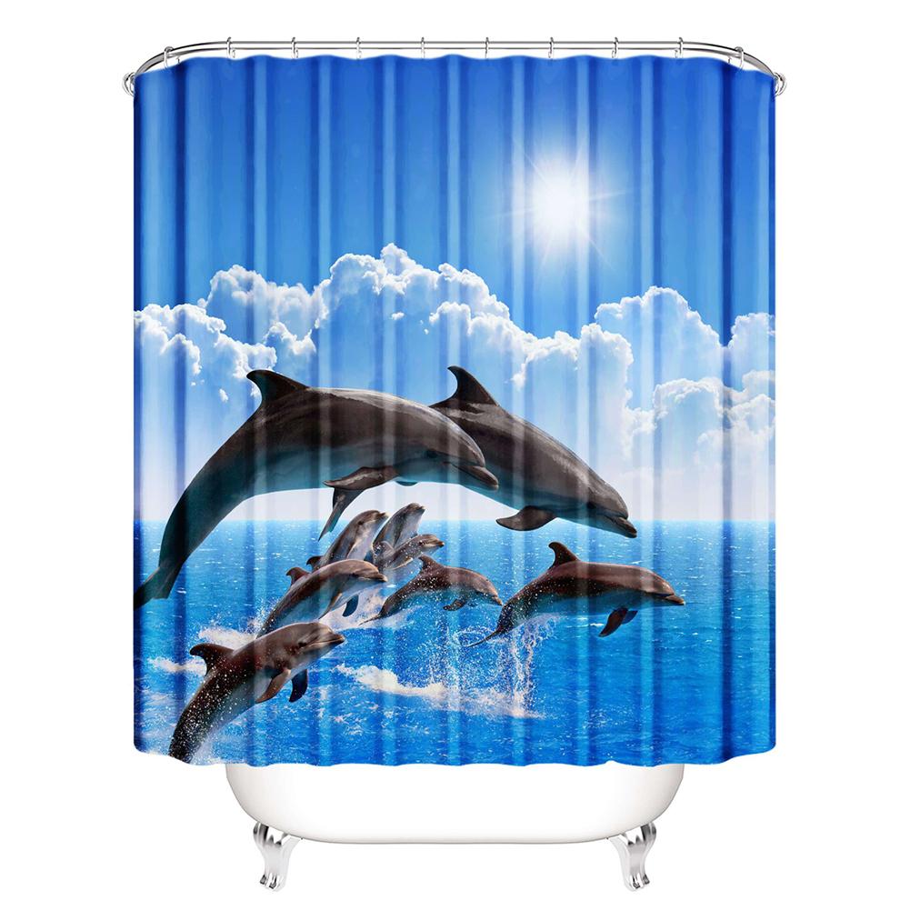 Underwater Dolphin Shower Curtain Marine Life World Travel Sea Diving Ocean Print Bathroom Decor Set with 12 Hooks Waterproof