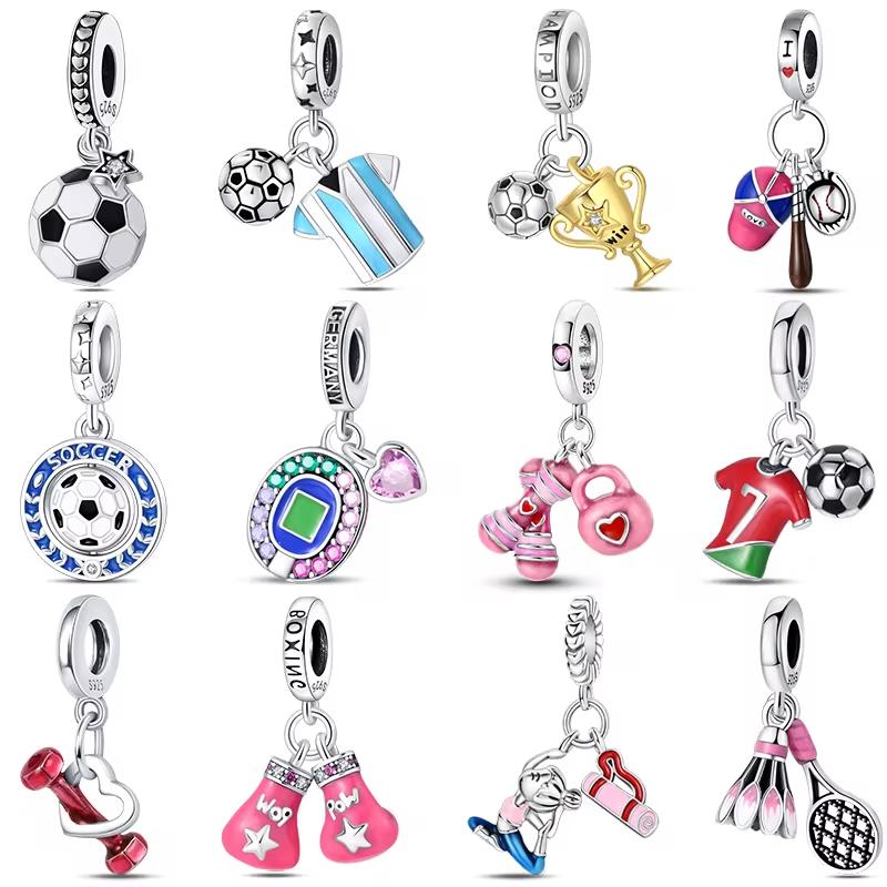 Copper Sports Series Dumbbell Badminton Soccer Charm Beads Fit Pandach Original Diy Bracelets Birthday Gifts Fine Jewelry
