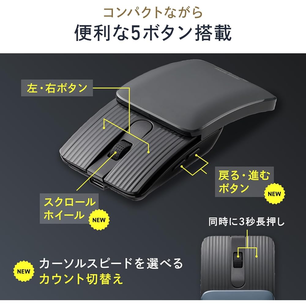 Sanwa Direct Compact Foldable Bluetooth Mouse, Quiet, 5 Buttons with Back/Forward Buttons and a Wheel Button, Compatible with Mac, iPad, iPhone, and A