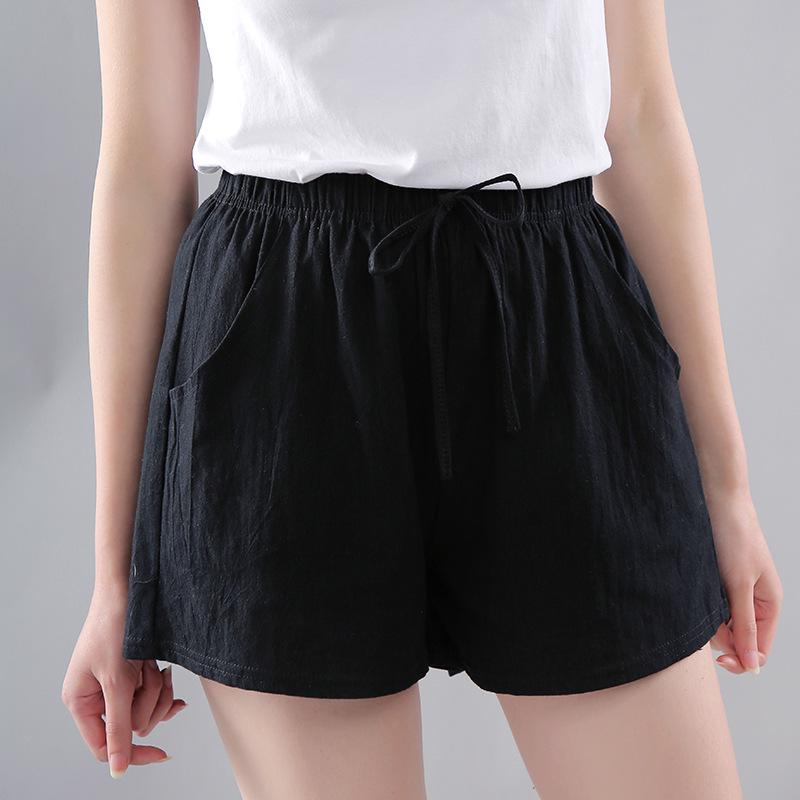 Washed Cotton Solid Color Women's Loose Wide-Leg Elastic Waist Casual Shorts