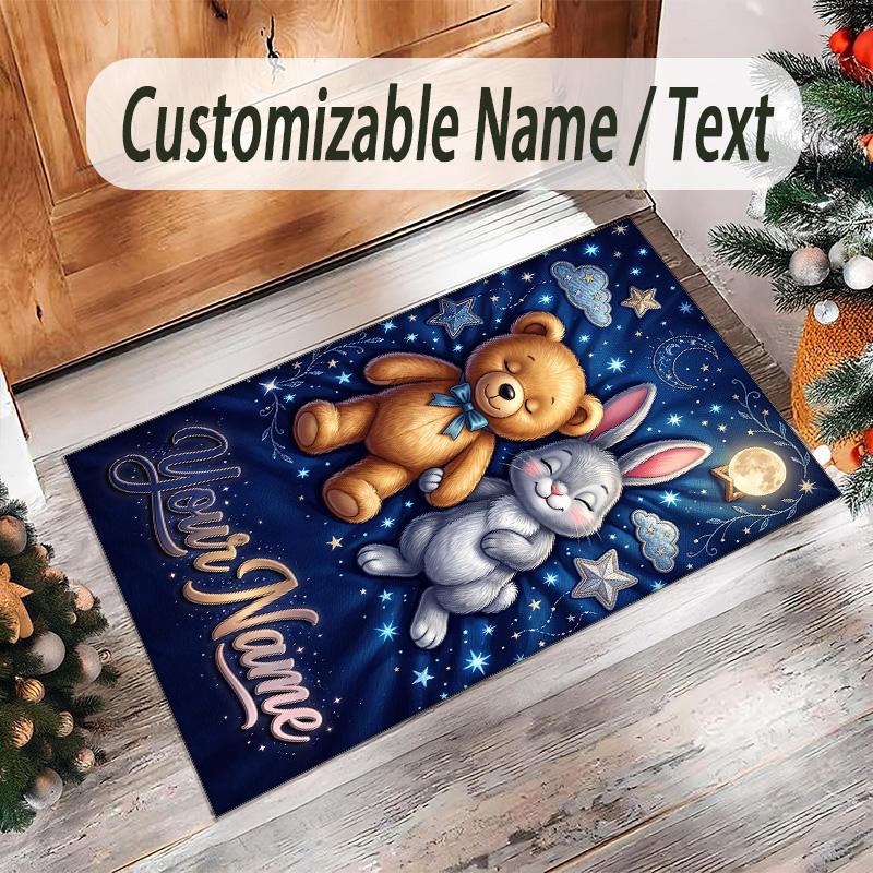 Teddy Bear Theme Crystal Velvet Rug Personalized Custom Name Text Soft Floor Mat Home Decor