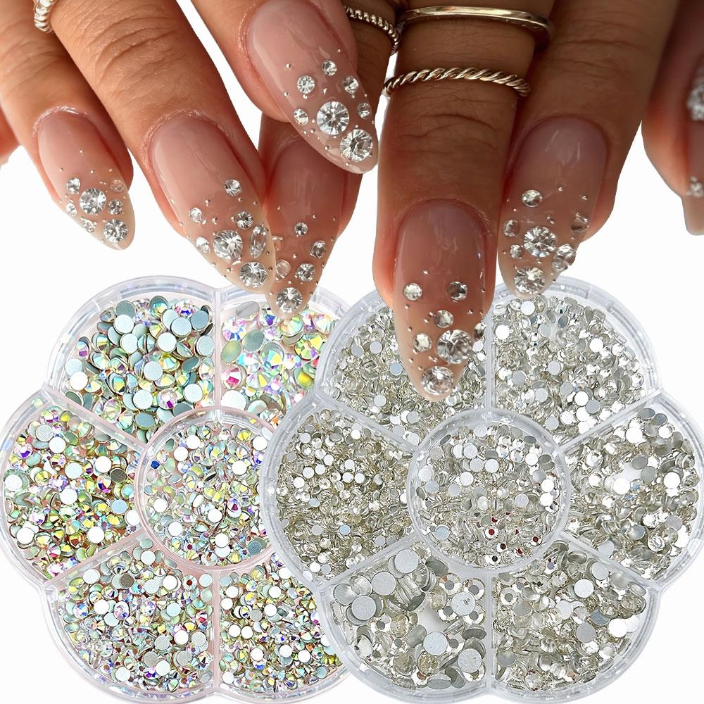 2boxes 3D AB & Clear Diamond Nail Rhinestones 2mm-6mm Sparkly Round Glass Nail Crystals Flatback Non-Hotfix Nail Gemstones Charm