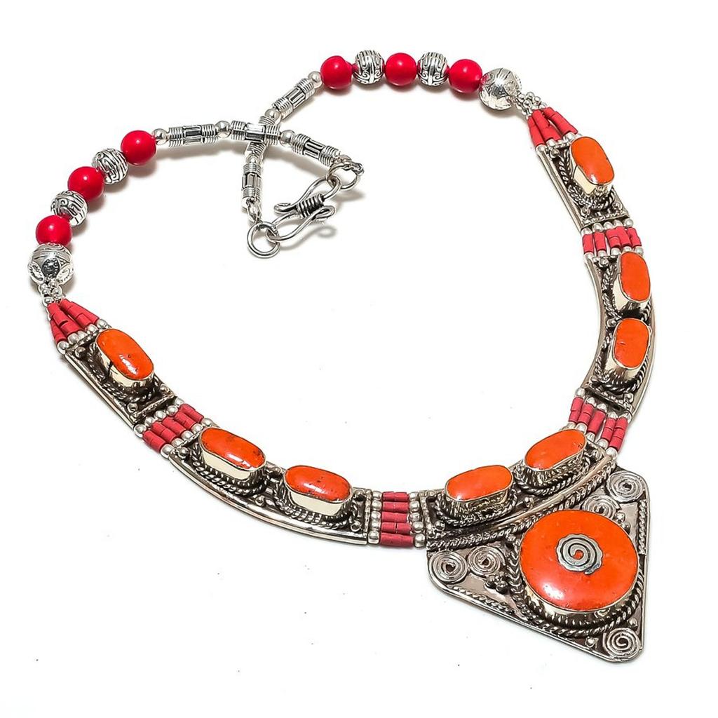 Natural Coral 18" Vintage Tibetan Necklace Nepali Tribal Statement Gift NN 105