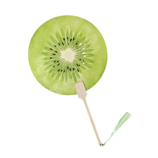 Fruit Print Fan with Wooden Long Handle Portable Lightweight Outdoor Travel Camping Picnic Summer Handheld Round Paper Fan