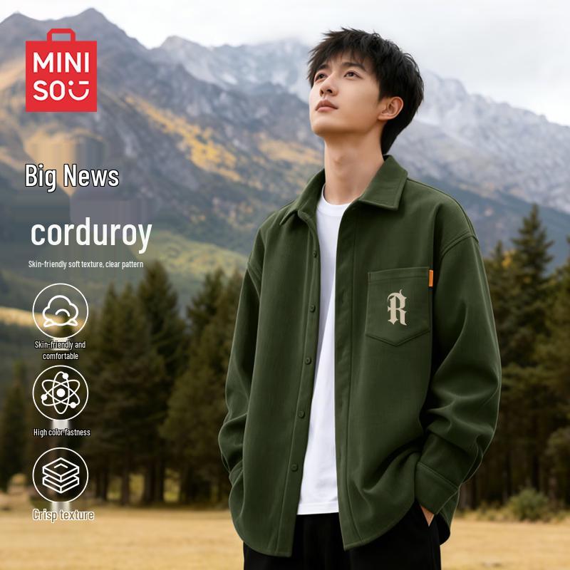 MINISO Мужская американская ретро вельветовая рубашка с кубинским воротником и длинным рукавом
