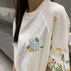 Корейские женские футболки с коротким рукавом, повседневные, с вышитыми большими цветами, женские футболки, модные женские хлопковые футболки, белые топы y2k