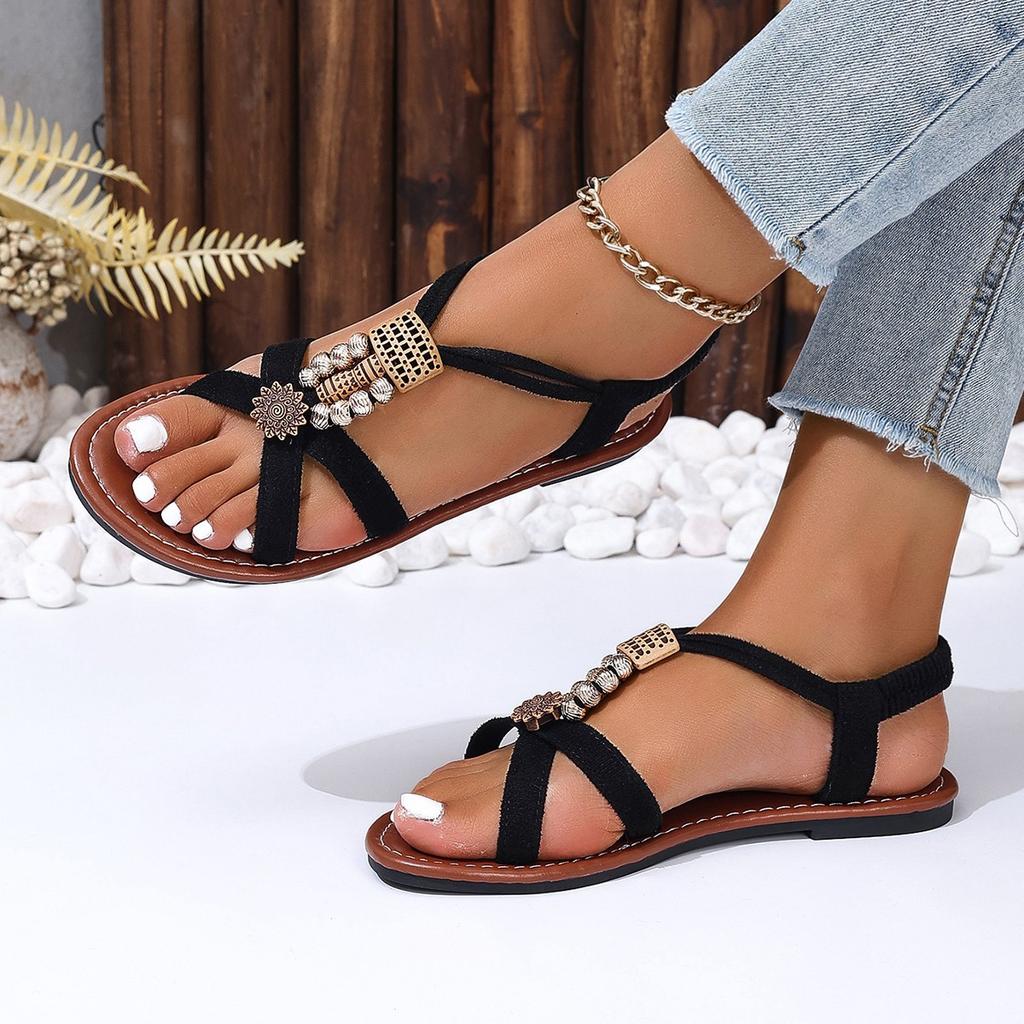 2024 Summer Hot Selling Women's Sandals Fashion Open Toe Roman Women's Sandals Solid Color Beaded Low Heel Women's Sandals