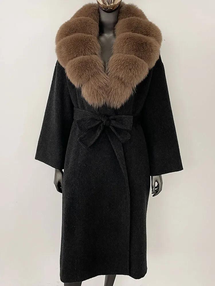 OFTBUY Натуральная шуба 2024 года, женская верхняя одежда больших размеров, зимняя женская куртка с воротником из натурального меха лисы и капюшоном, пальто из кашемировой шерсти