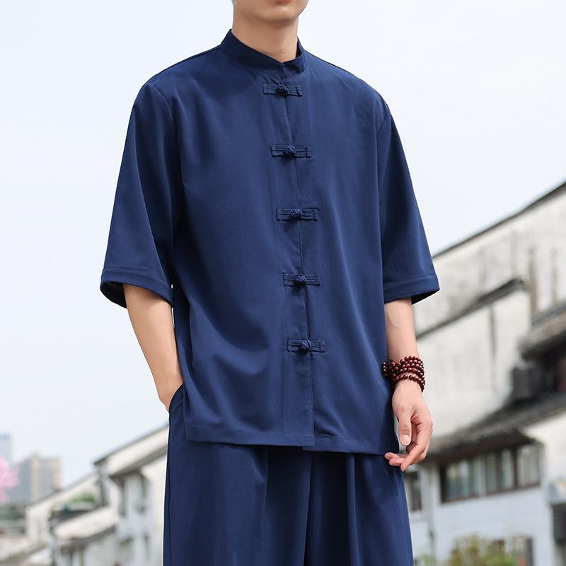 Летняя рубашка в китайском стиле с диском на пуговицах и рукавом три четверти, мужская повседневная рубашка с воротником-стойкой, однотонная рубашка больших размеров