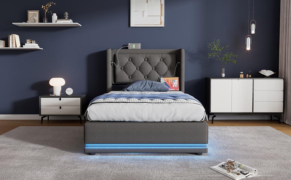 Upholstered single bed 90*200 cm, grey cotton hydraulic storage bed, headboard with USB Type-C charging, 3-sided LED (mattress not included)
