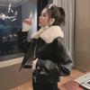 Women's Retro Velvet Leather Short Coat with Lamb Fur Collar – Black Motorcycle Jacket for Autumn/Winter 2023.