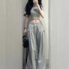 American Vintage Gray Casual Pants for Women Summer High Waist Drawstring Loose Drape Thin Wide Leg Pants