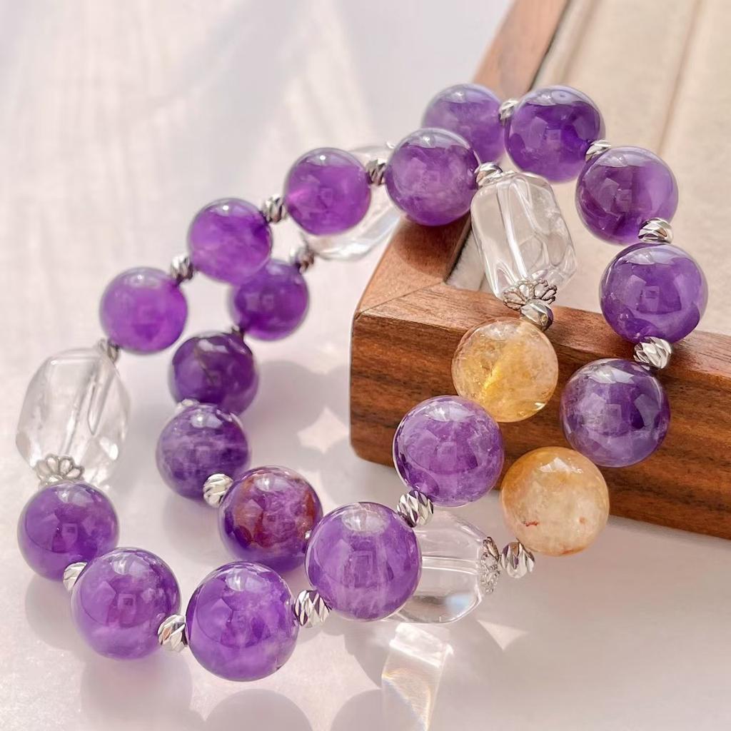 12Mm Natural Amethyst White Crystal Citrine Bracelet Bracelet
