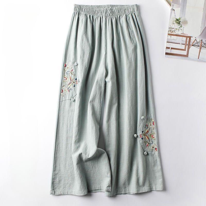 2025 Spring and Summer Cotton and Linen Retro Ethnic Style Embroidered Wide-leg Pants Versatile and Thin Nine-minute Pants