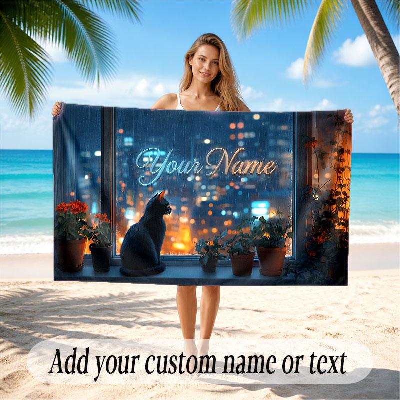 Cat Theme Soft Beach Towel Personalized Custom Name Text Towel Portable for Beach Pool Travel