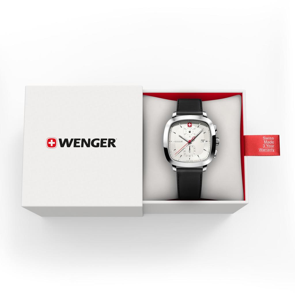 WENGER VINTAGE CLASSIC CHRONO Watch Chronograph Stainless Steel Case White Dial Black Recycled Leather Strap Chronograph Quartz 50m Water Resistant
