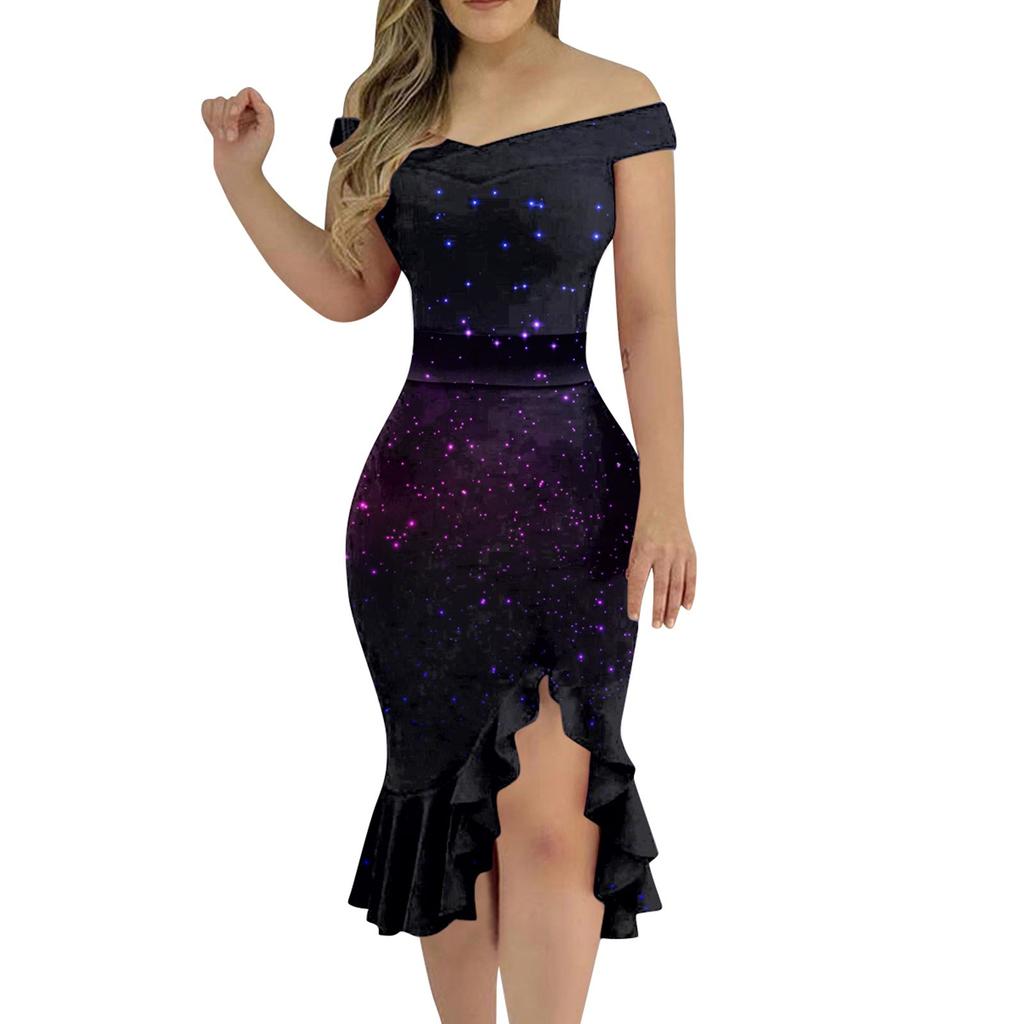 Women's Sexy Dress Off Shoulder Printing Tight  Irregular Bottom Dress