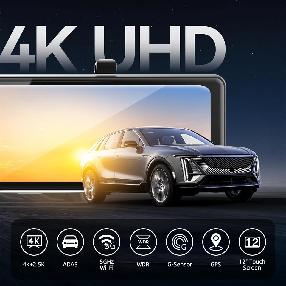E-ACE 4K Dashcam Mirror 12 Inch Car Video Recorder Support 2.5K Waterproof Rear Camera ADAS WIFI GPS Black Box Dash Cam