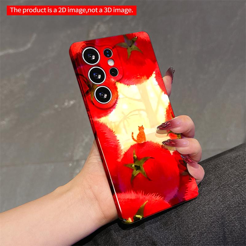 2DFlat Samsung phone case Fuzzy Tomato Garden Cat Scene Applicable to Galaxy S23 S24 S25ULTRA S26 A12 A14 A15 A16 A54 A55