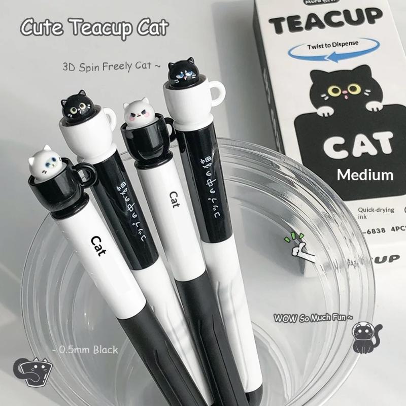Hot Sale Random 1/4PCS Rotating Cat Pocket Pen Cute Teacup Cat Gel Pens 0.5mm Fun Animal Quick Dry Pen For School & Office Use