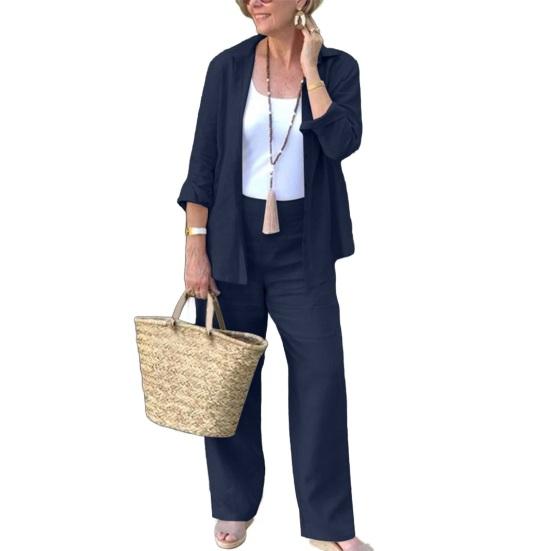 2Pcs/Set Women Casual Outfit Lapel Long Sleeve Buttons Closure Shirt High Waist Straight Wide Leg Long Pants Set Daily Wear