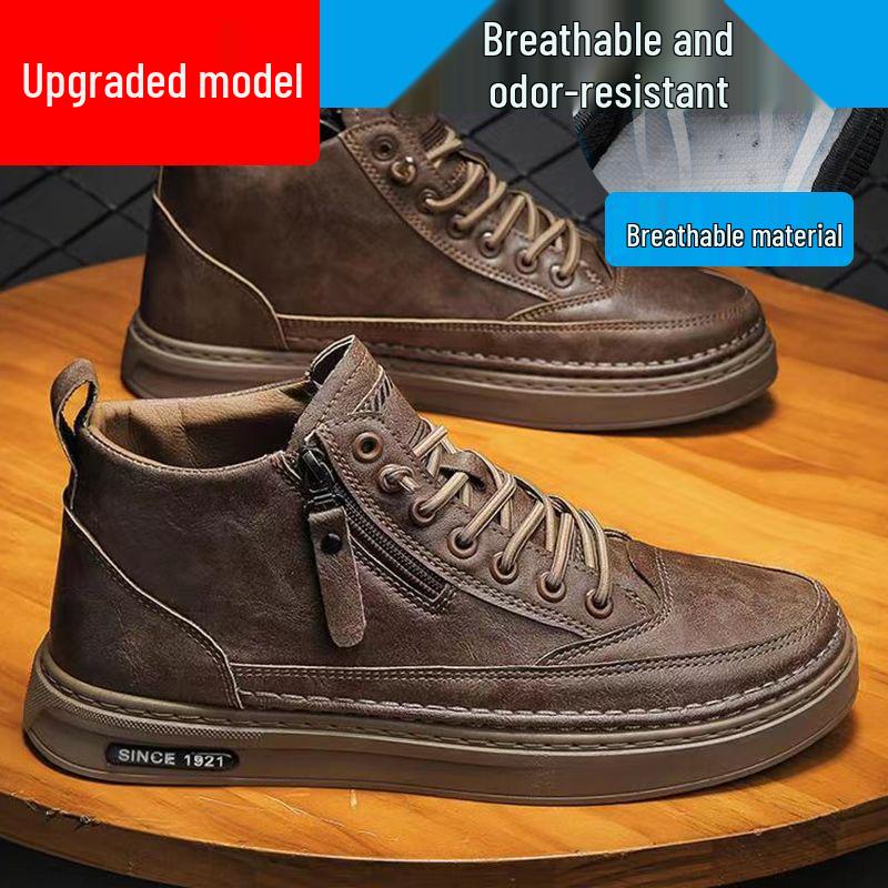 Мужские зимние высокие кожаные ботинки на плюшевой подкладке - Модные повседневные мартинсы для снега