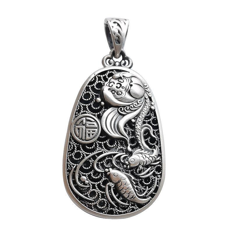 Ретро-свитер-цепочка, серебряное ожерелье 925 пробы, женское благословение, аксессуары, полая капля воды, кулон в виде карпа, лотоса, женские ювелирные изделия