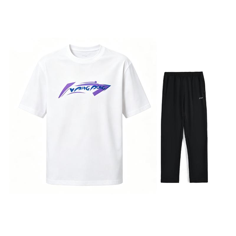 Li-Ning Летний мужской спортивный костюм с принтом, круглым вырезом, коротким рукавом, удобный, дышащий, приятный для кожи, простой, универсальный, повседневный AHSV611-8+AKLU881-1