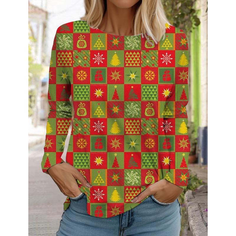 Женская футболка с длинным рукавом и рождественским принтом оленей, спортивный повседневный милый полиэстер с круглым вырезом и длинным рукавом