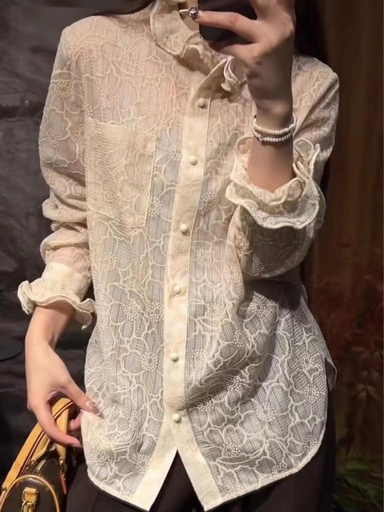 Абрикосовая кружевная рубашка с круглым вырезом, высококачественная, Осень/Зима 2025, дышащий модный топ