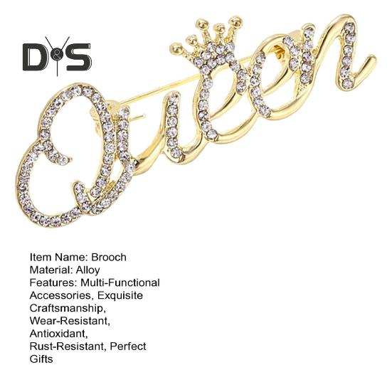 Fashion Rhinestone Queen Letter Brooch Pins for Women Luxury Crown Corsage Party Wedding Gifts Clothing Accessories