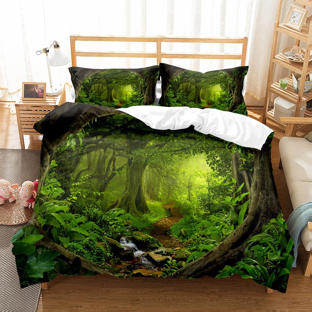 Green Jungle Theme King Queen Full Duvet Cover Forest Trees Bedding Set Natural Landscape Quilt Cover Polyester Comforter Cover