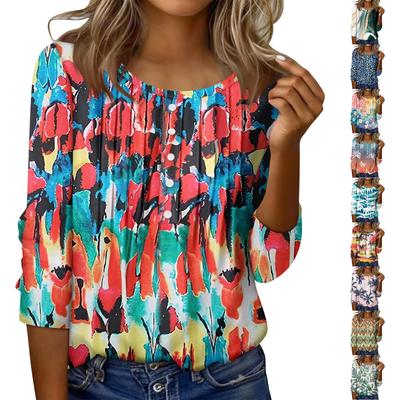 Женский топ с круглым вырезом, декоративными пуговицами и полосками, повседневная футболка однотонного цвета с рукавом 3/4