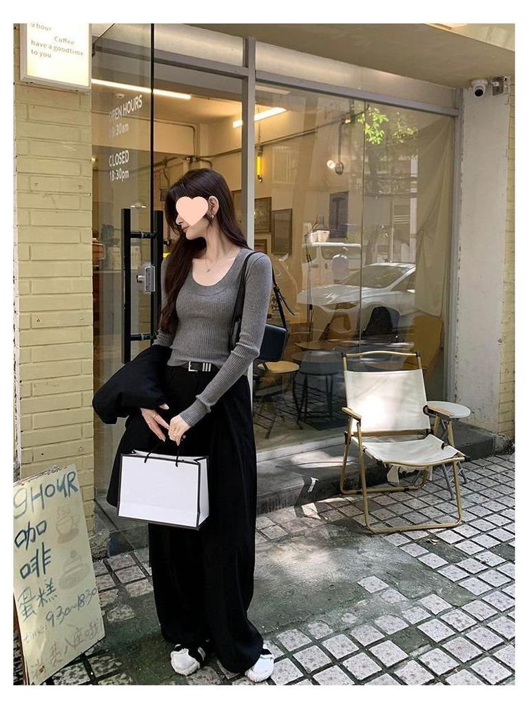 Женская футболка в корейском стиле с U-образным вырезом, в рубчик, прилегающего силуэта, с длинным/коротким рукавом, для весны/лета