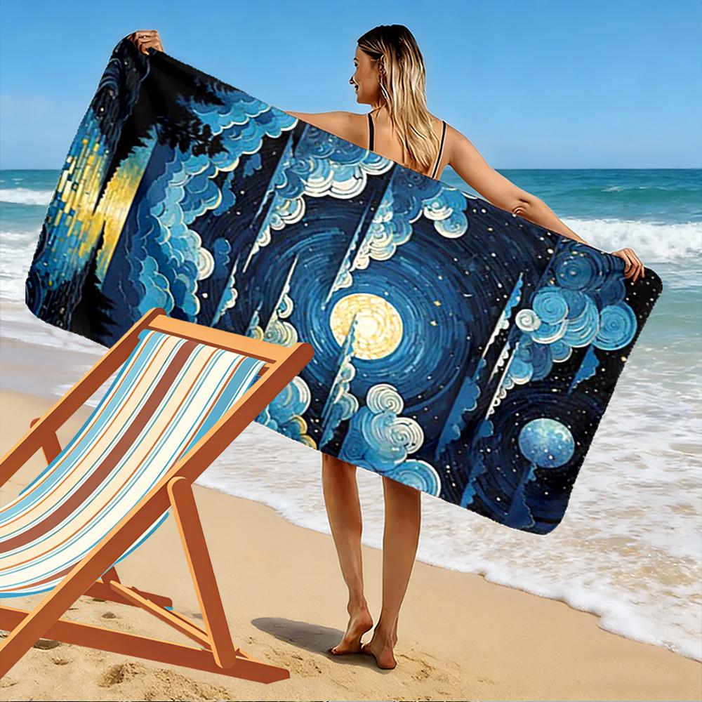 Starry Night Sky with Moon and Clouds Beach towel quick-drying for travel outdoor sports jogging beach and swimming