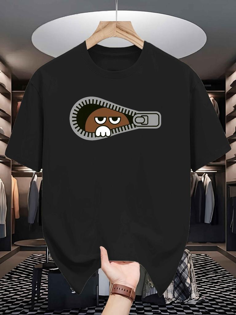 Cartoon Zipper Lazy Face Hidden Character Graphic Unisexs Crew Neck T Shirt Fun Novelty Print Short Sleeve Casual Cotton Summer Top