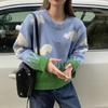 Women Autumn Winter Blue Sky and White Cloud Printed Loose Round Neck Knitted Sweater