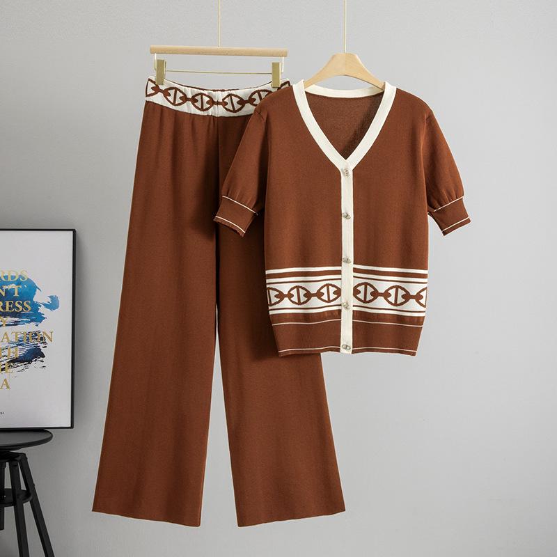 Женский летний вязаный топ и брюки с высокой посадкой