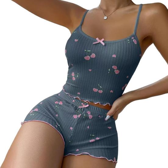 2 Pcs/Set Women Vest Shorts Suit Bow Cherry Print U Neck Sleeveless Top High Waist Short Trousers Homewear Loungewear Outfit Summer Sleepwear