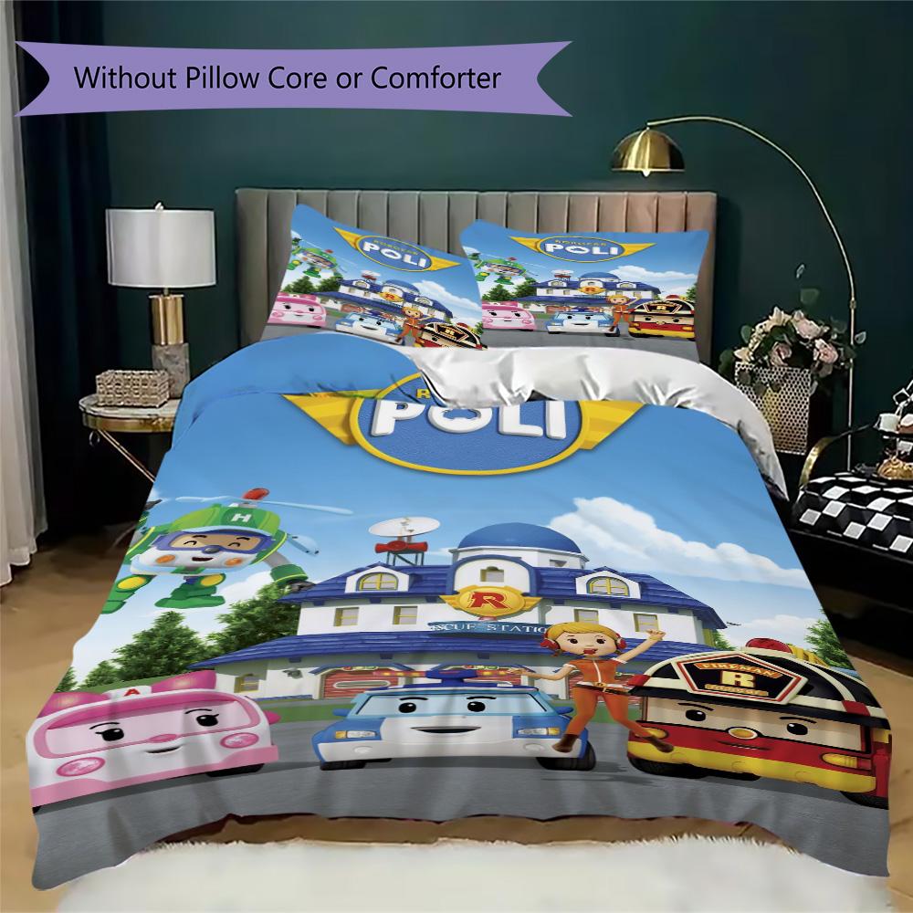 Robocar Poli Pattern Bedding,Quilt Set Quilt Cover Pillowcase Home Birthday Gift (1*duvet cover+2*pillowcase,without core)XSJT0917349